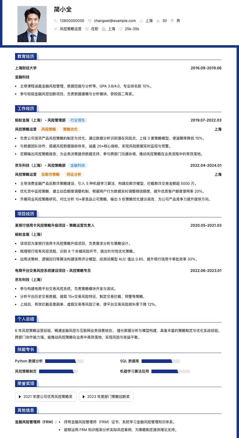 风控策略运营简历模板