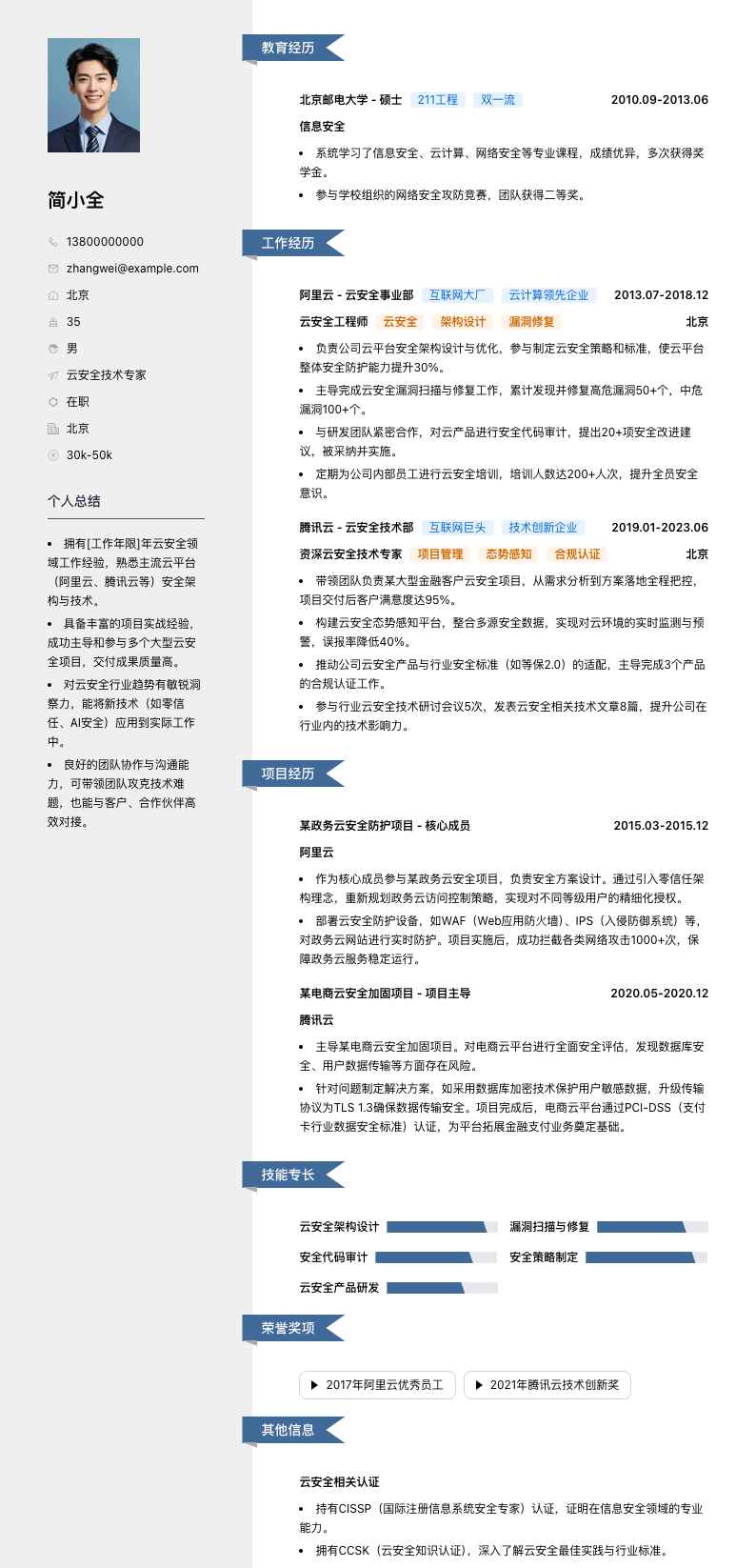 云安全技术专家简历模板