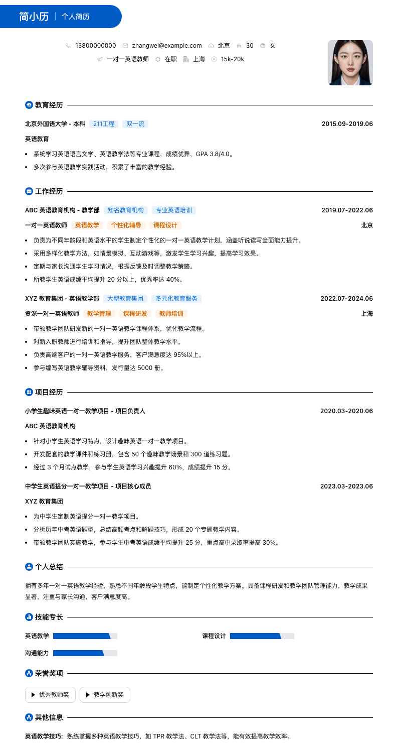 一对一英语教师简历模板