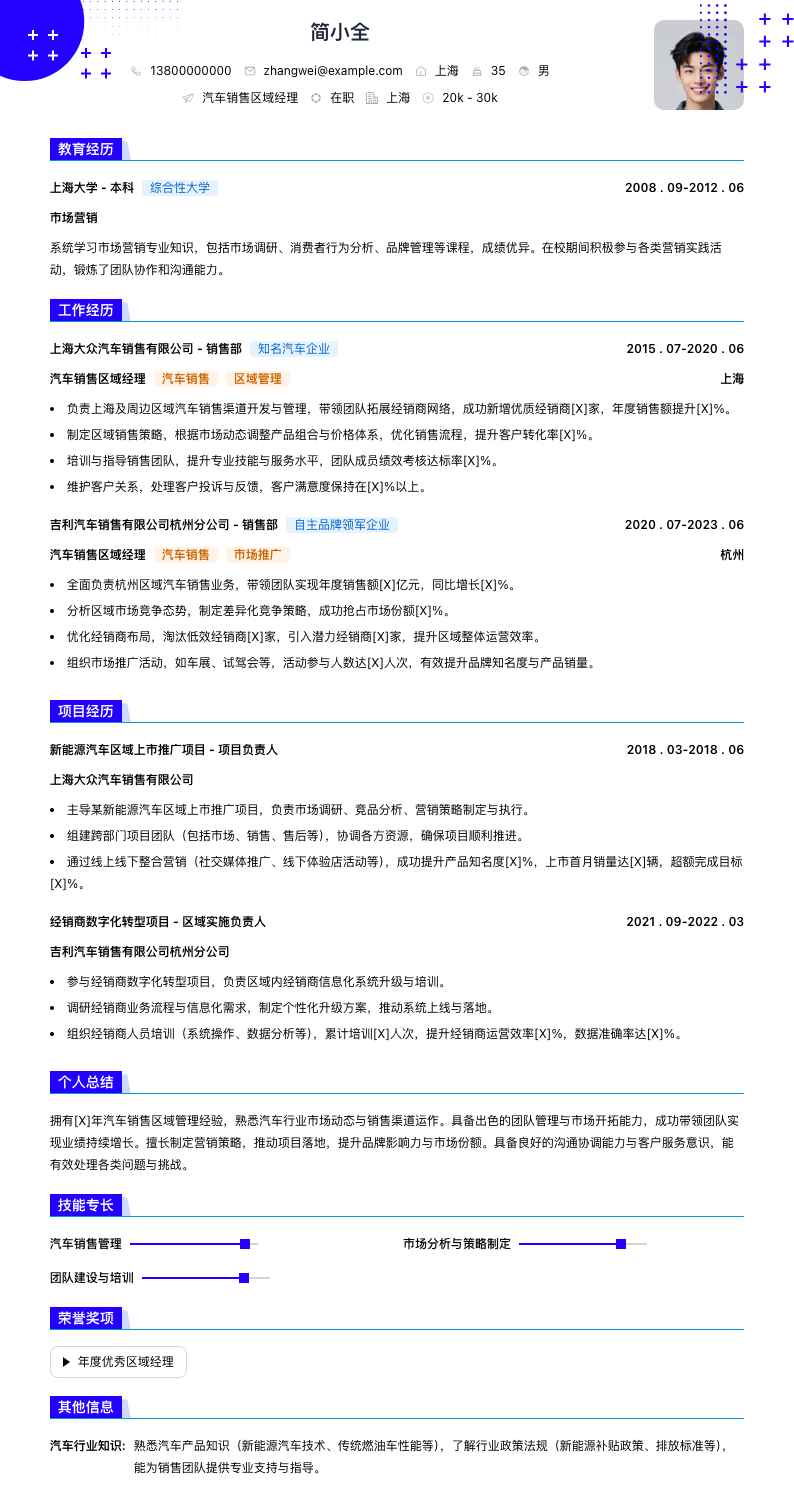 汽车销售区域经理简历模板
