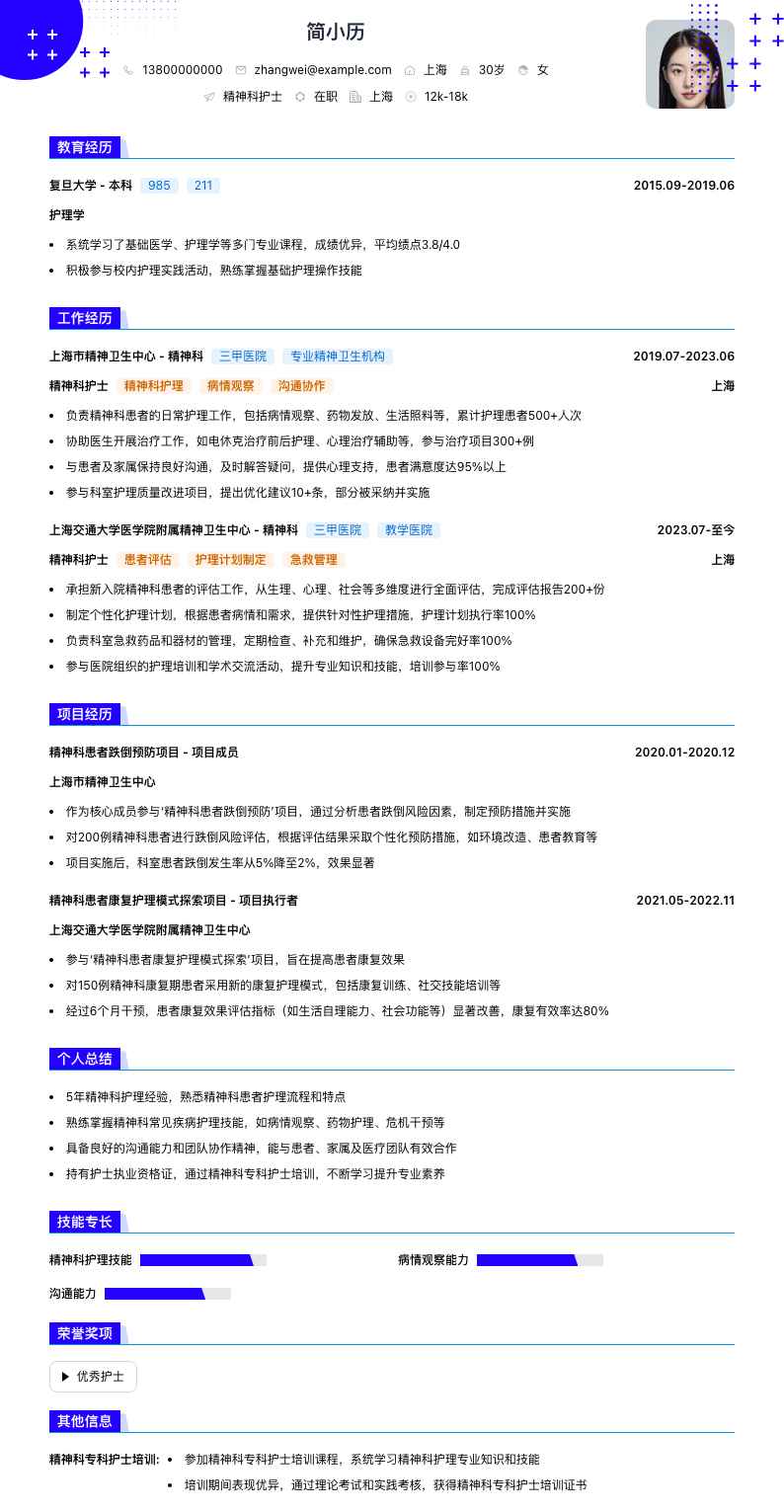 精神科护士简历模板