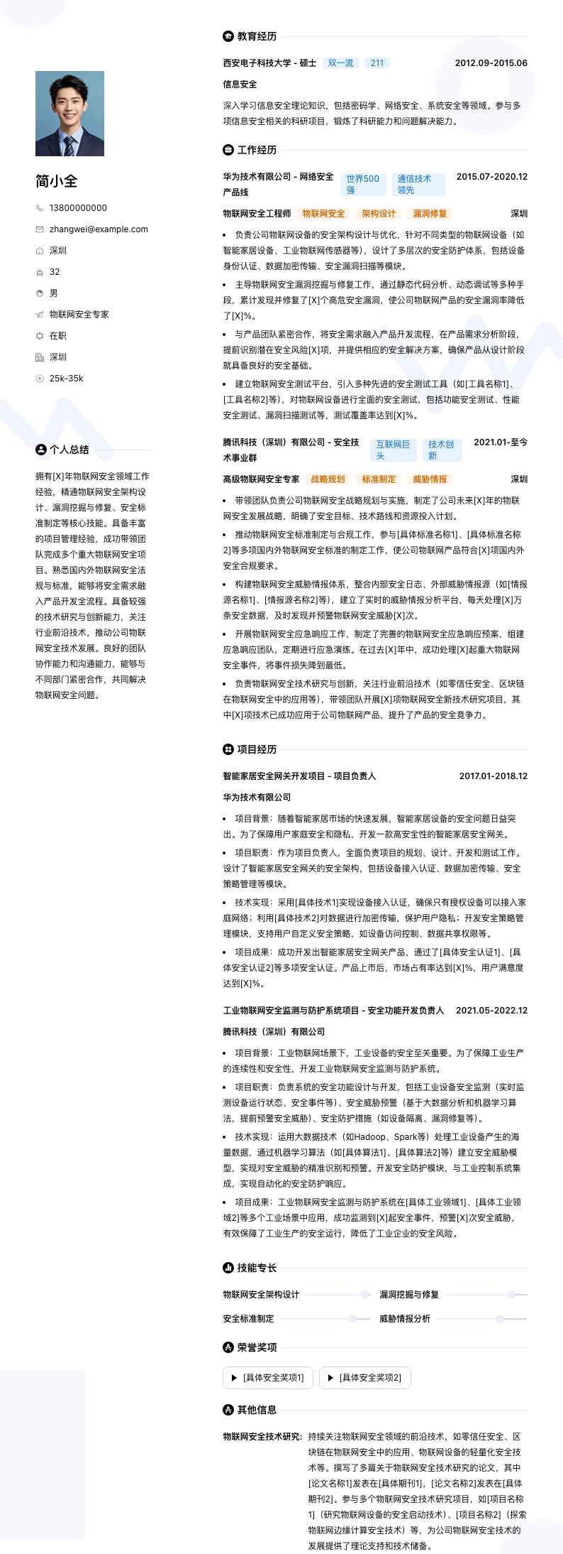 物联网安全专家简历模板