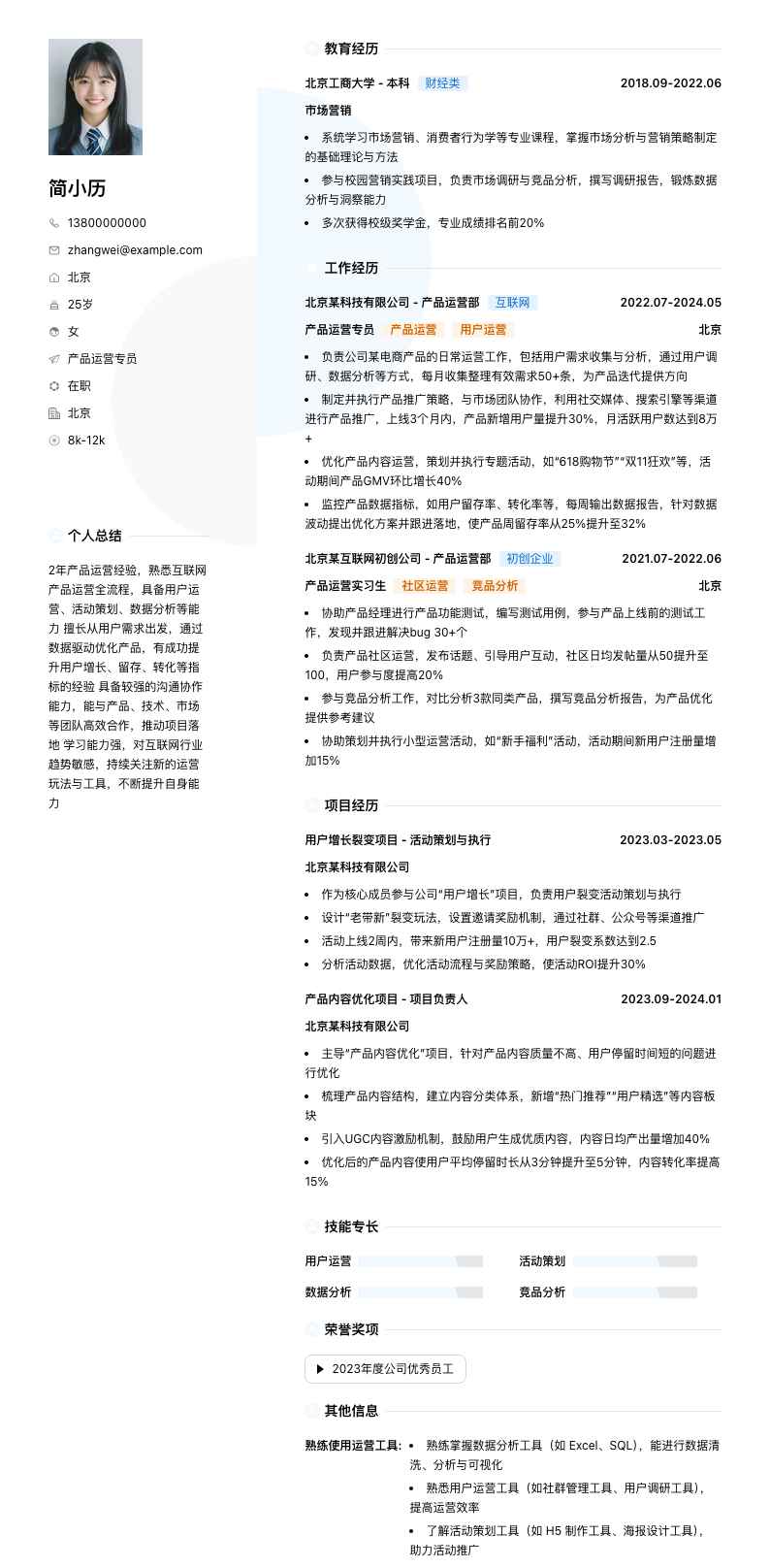 产品运营专员简历模板