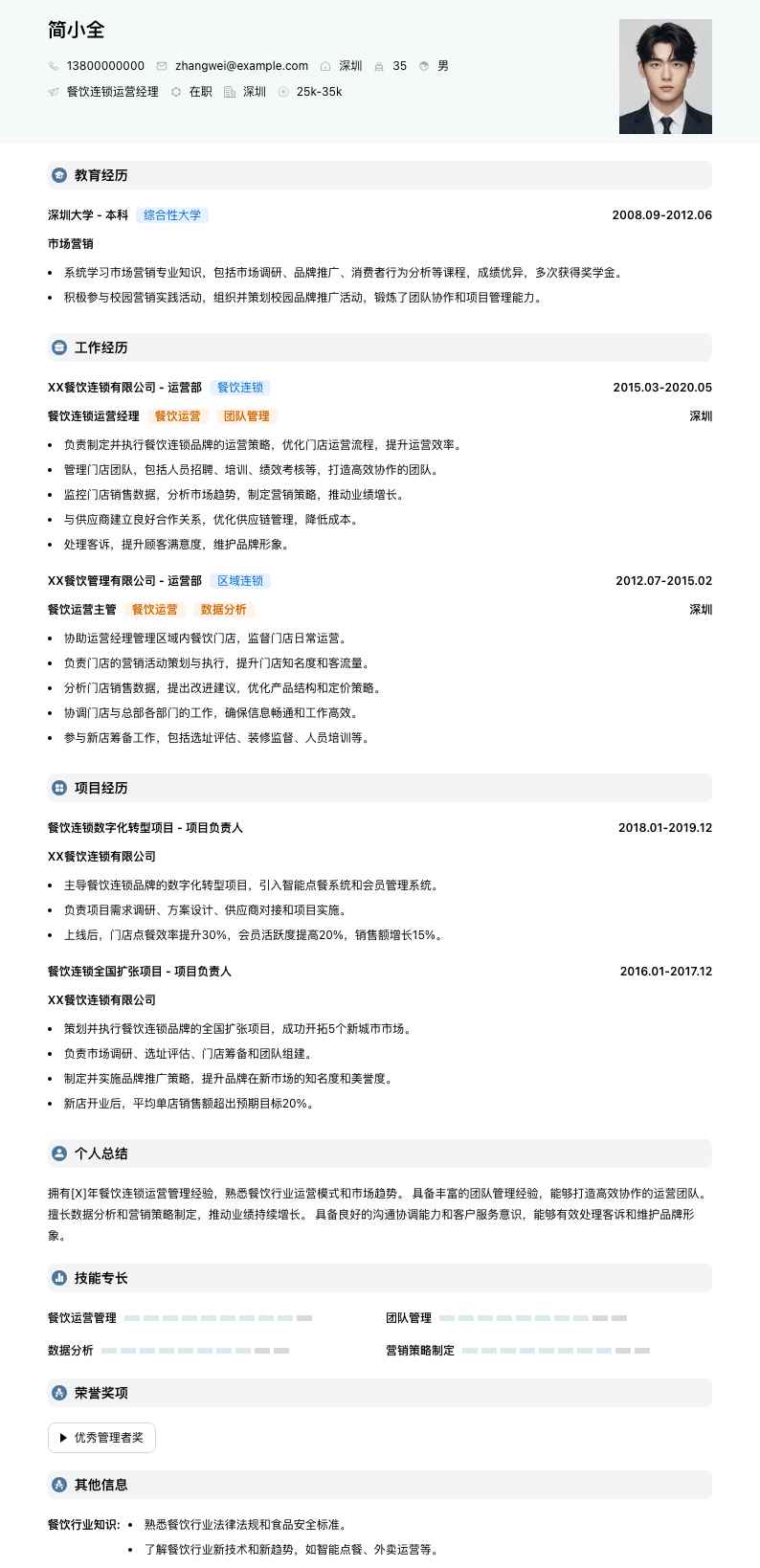 餐饮连锁运营经理简历模板