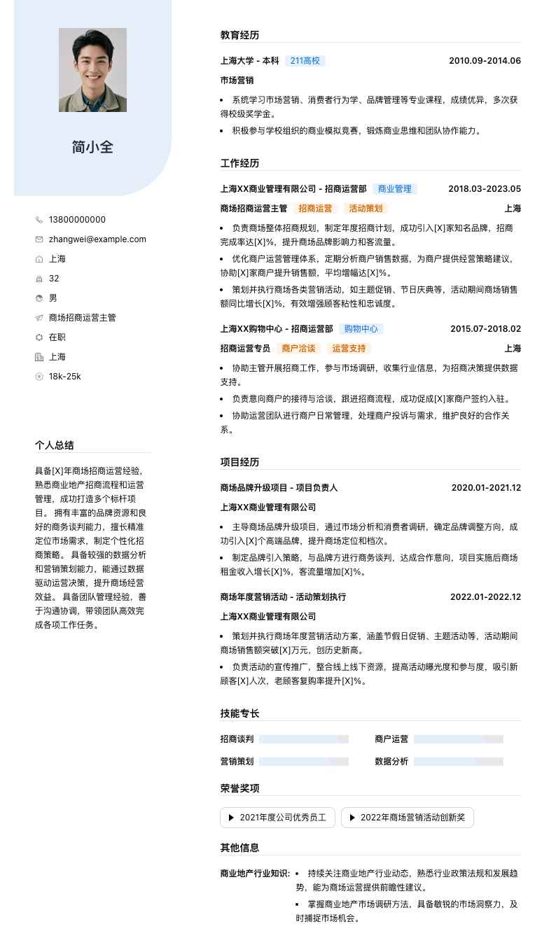 商场招商运营主管简历模板