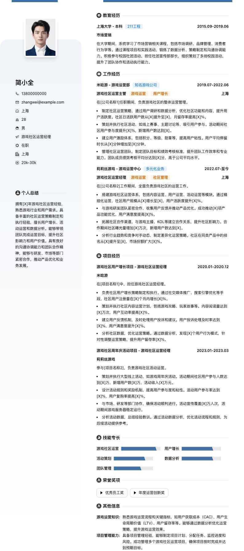 游戏社区运营经理简历模板