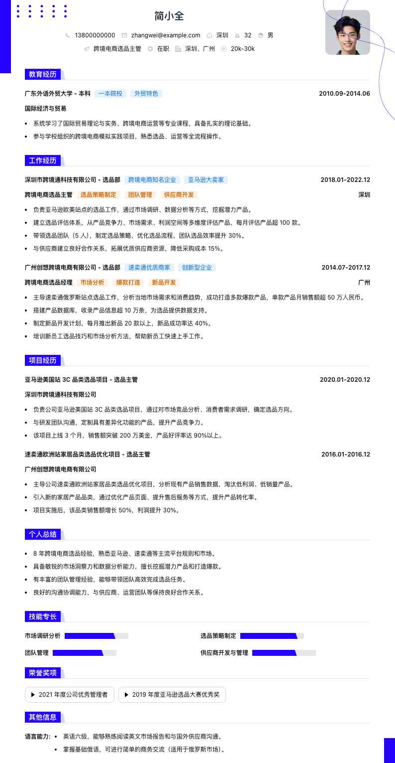 跨境电商选品主管简历模板