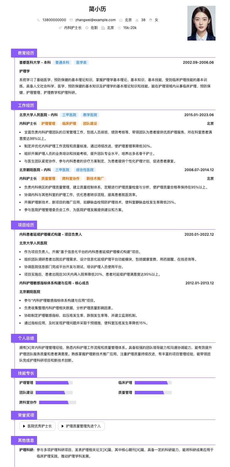 内科护士长简历模板