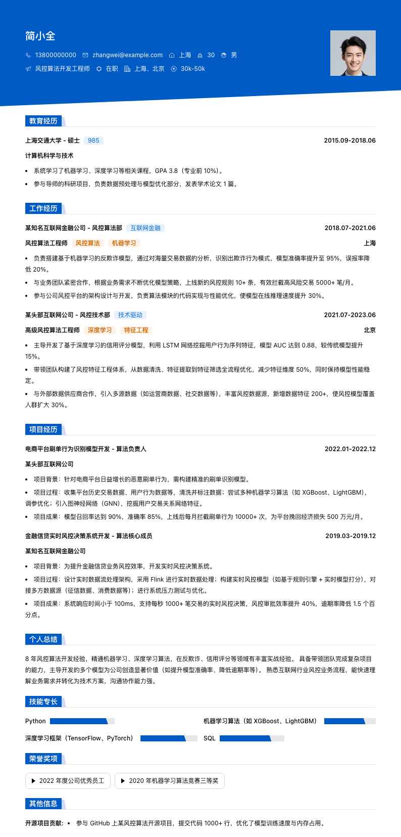 风控算法简历模板