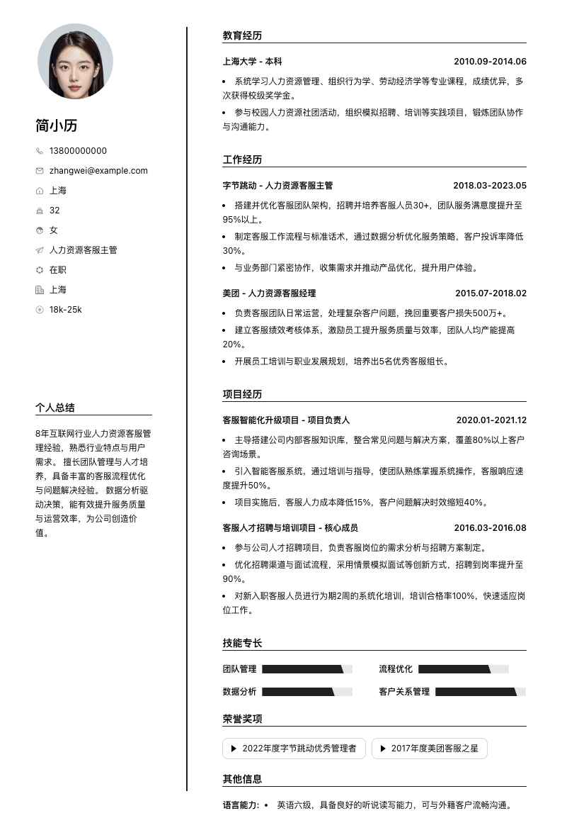 人力资源客服主管简历模板