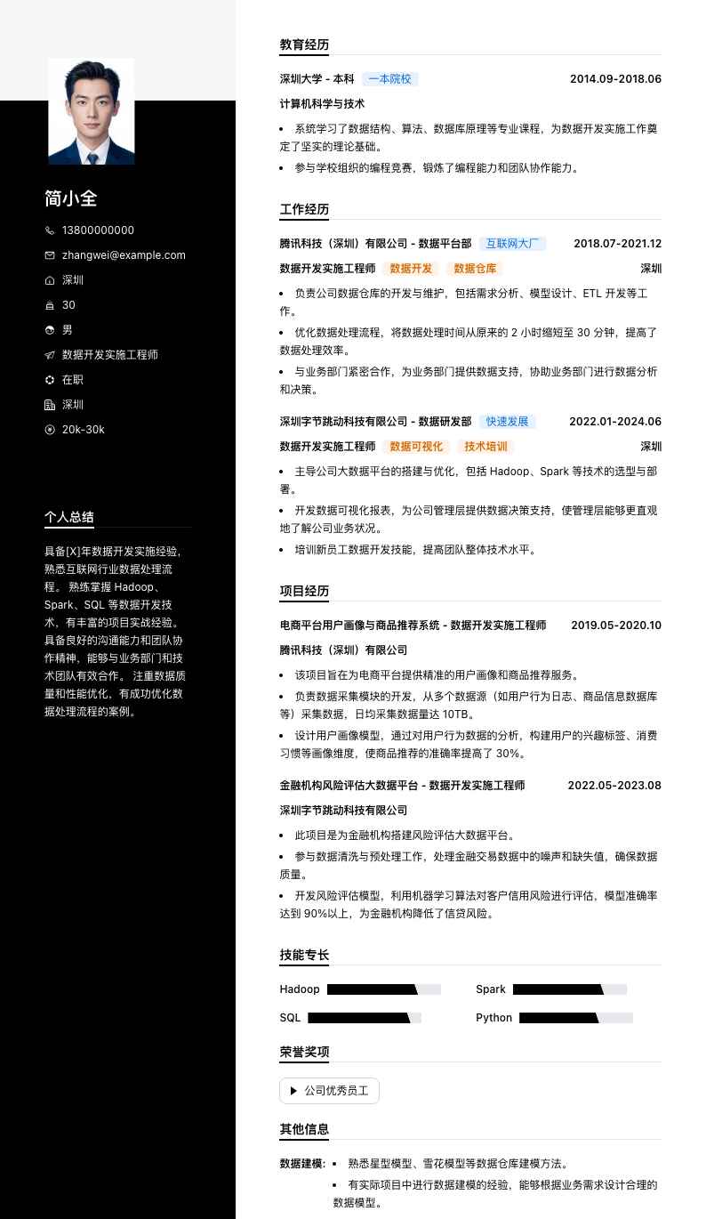 数据开发实施工程师简历模板