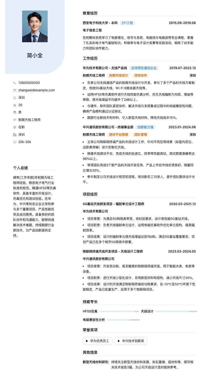 射频天线工程师简历模板