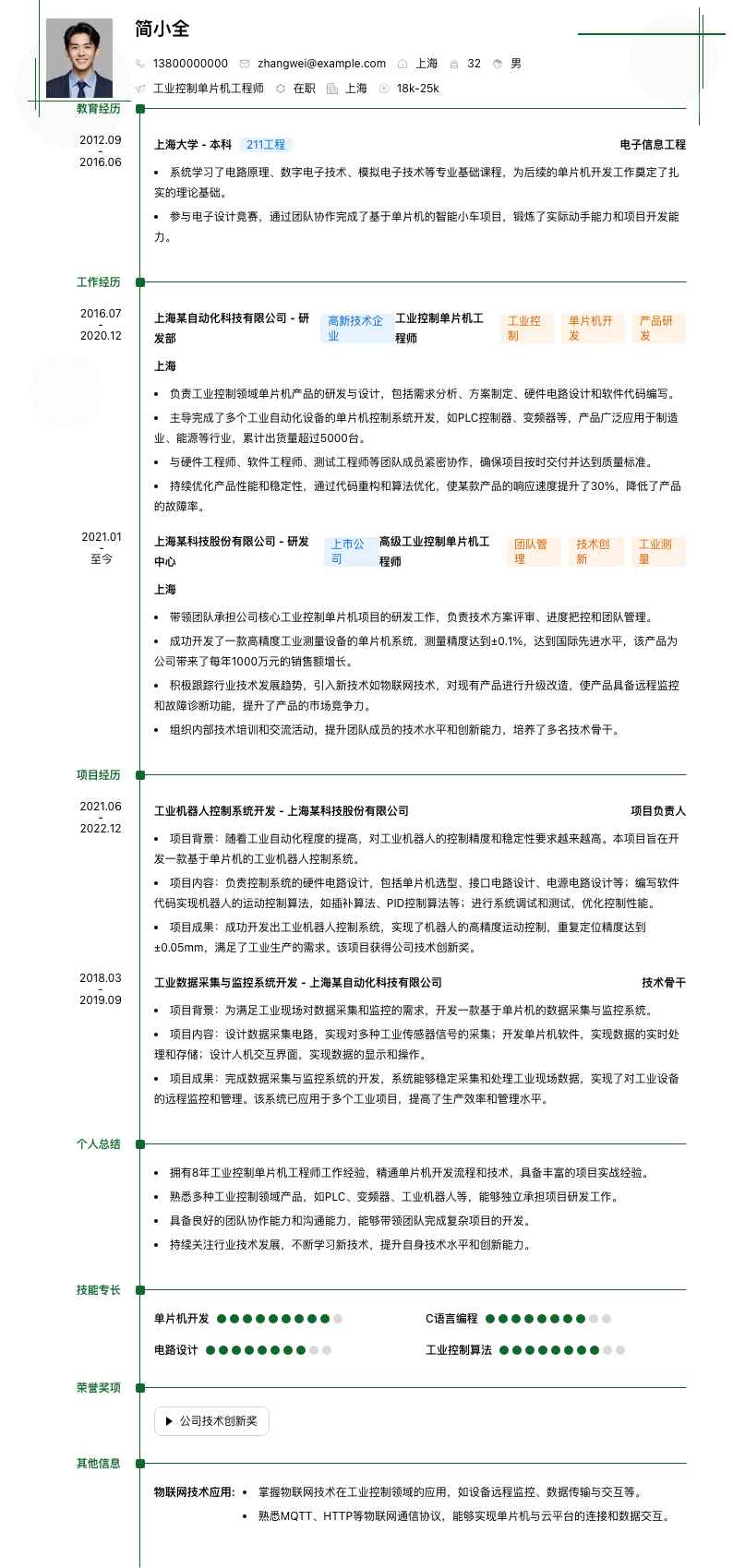 工业控制单片机工程师简历模板