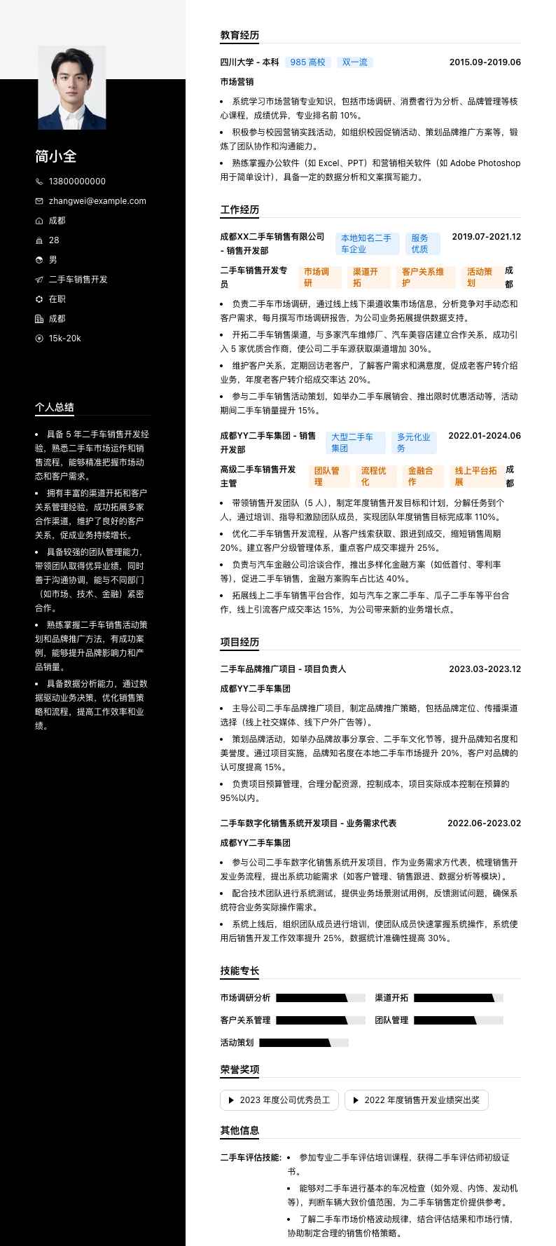 二手车销售简历模板