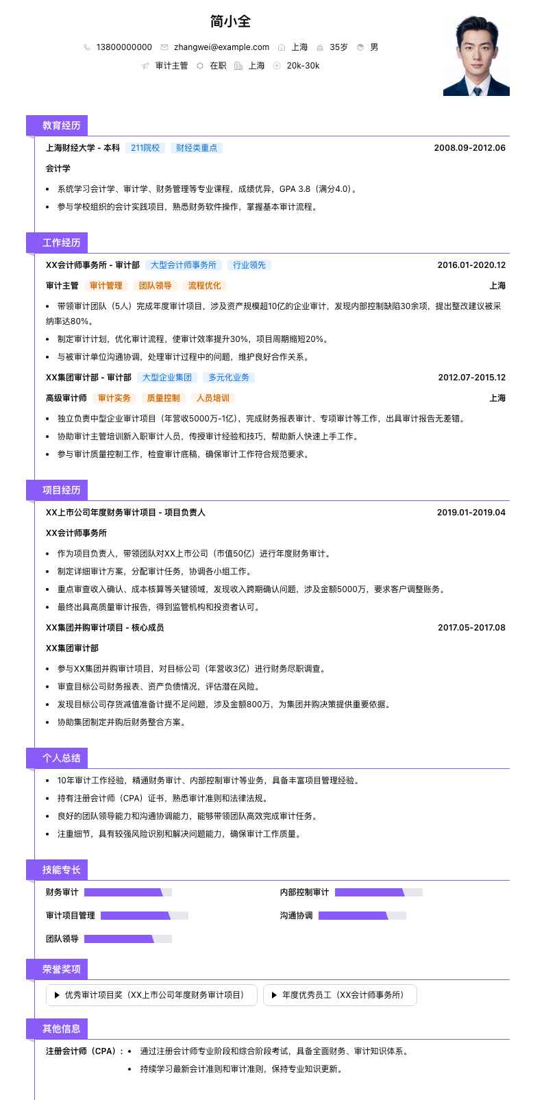 审计主管简历模板