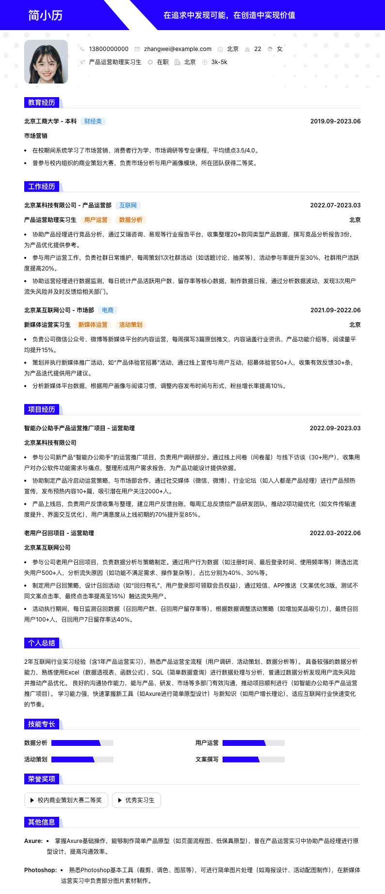 产品运营助理实习生简历模板