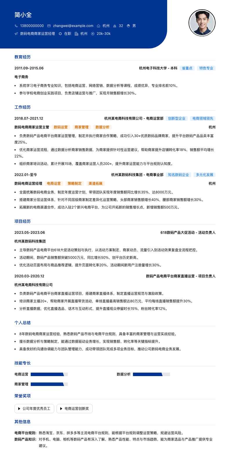 数码电商商家运营经理简历模板