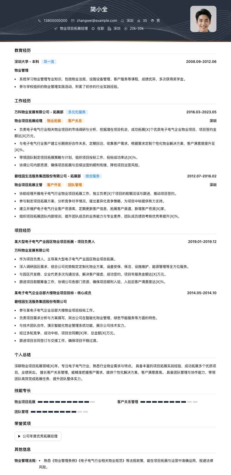 物业项目拓展经理简历模板