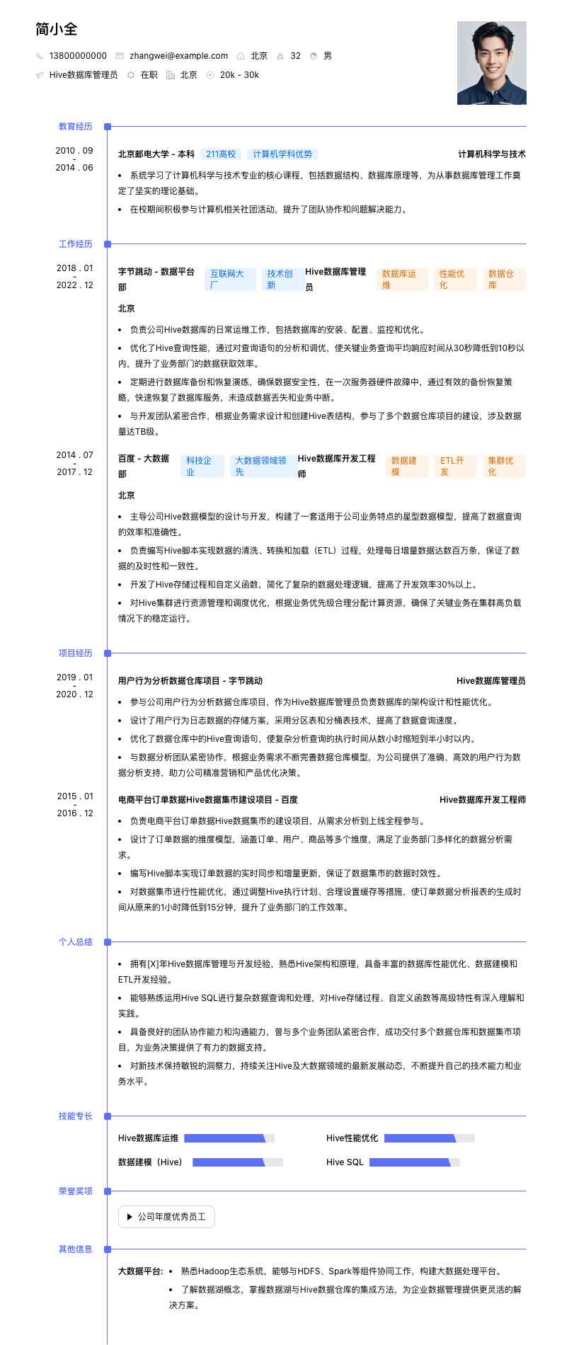 Hive数据库管理员简历模板