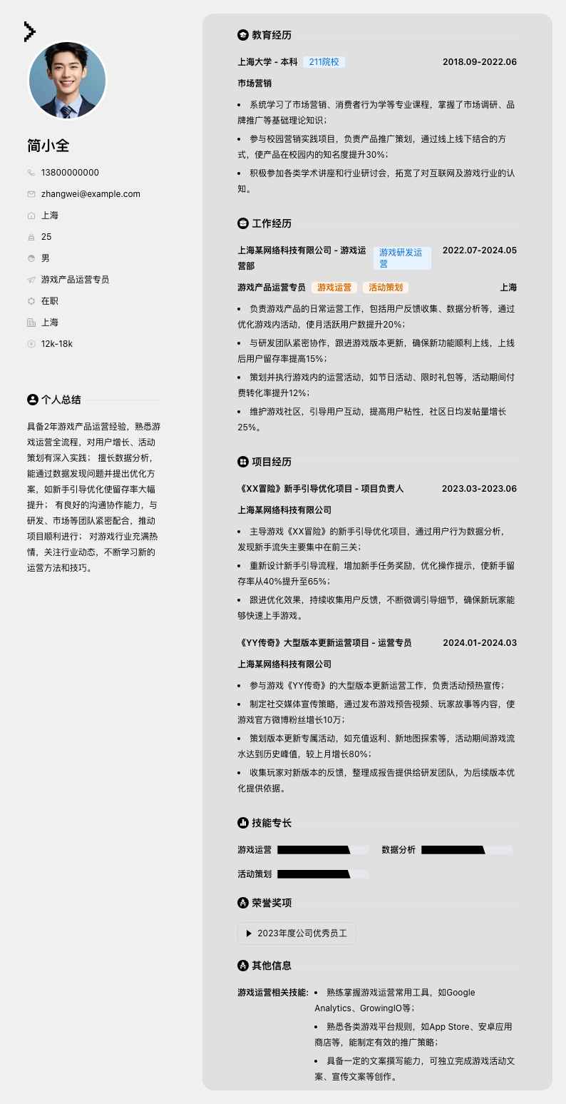 游戏产品运营专员简历模板