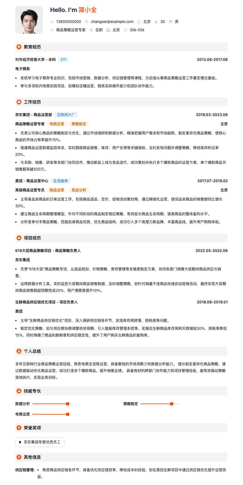 商品策略运营专家简历模板