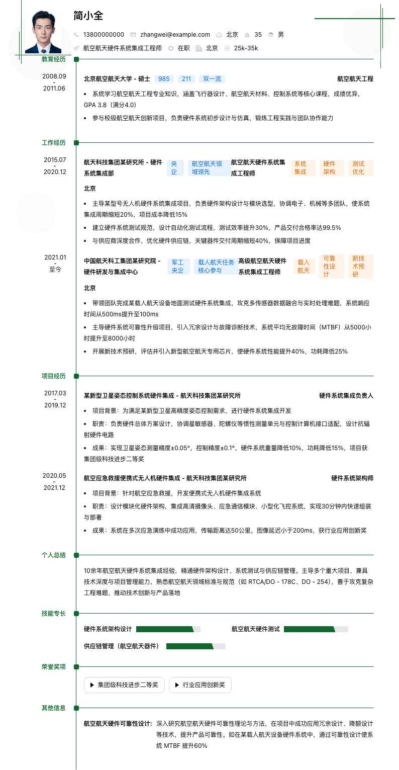 航空航天硬件系统集成工程师简历模板