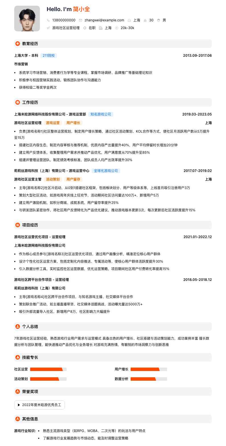 游戏社区运营经理简历模板