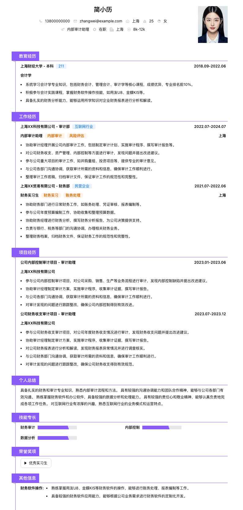 内部审计助理简历模板