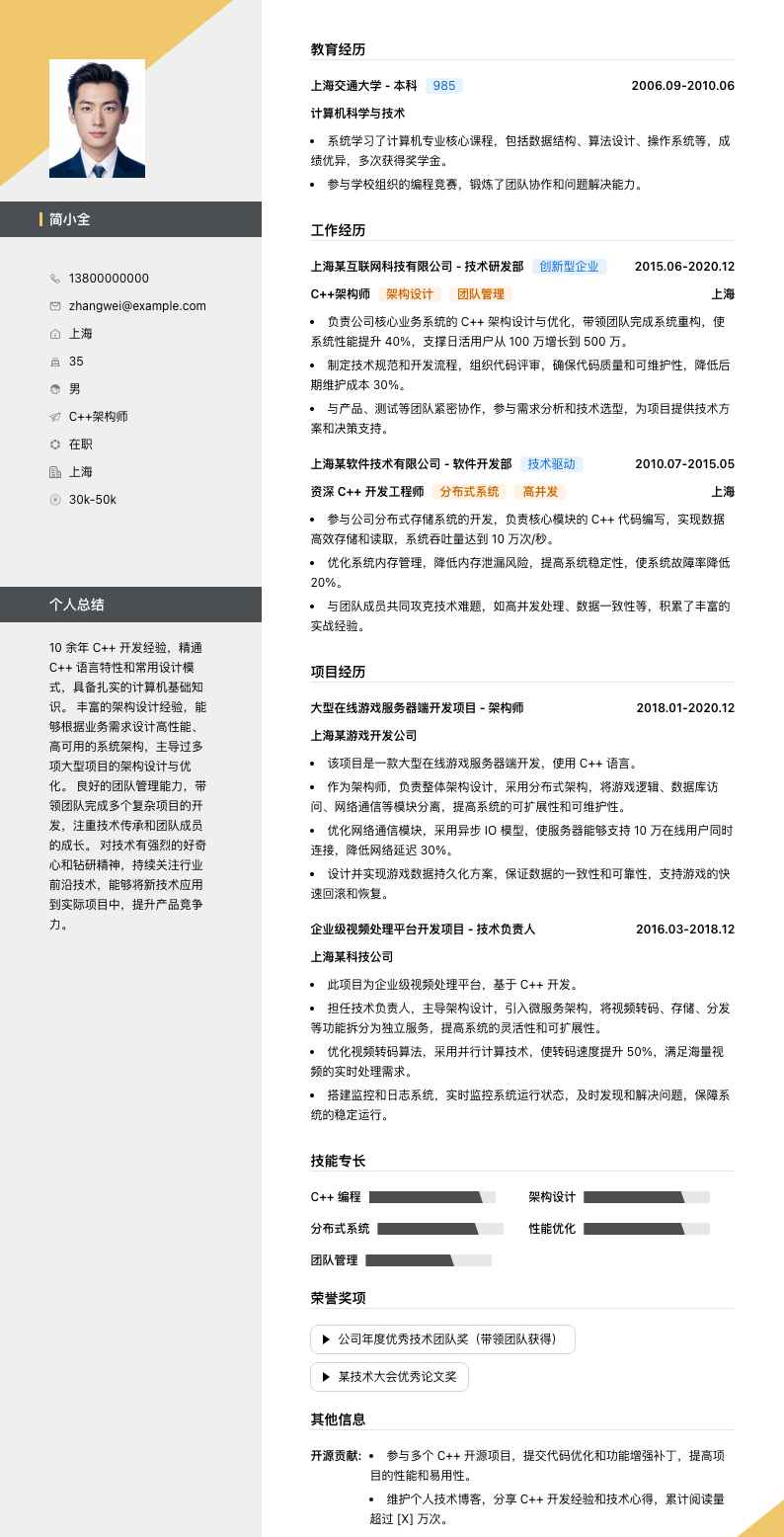 c++架构师简历模板