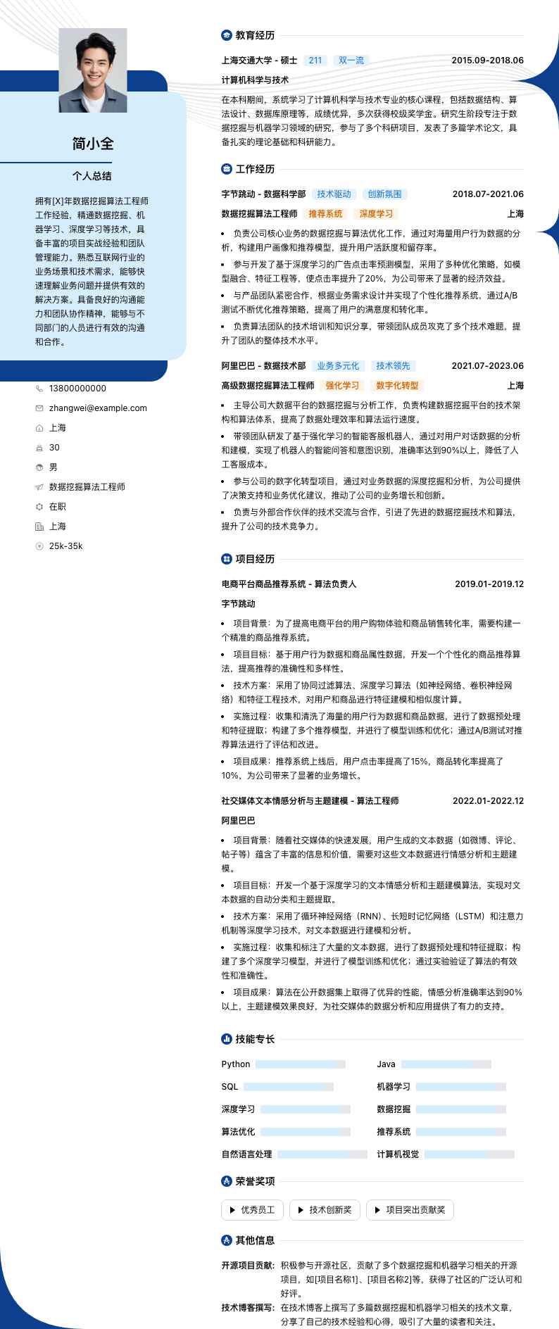 数据挖掘算法工程师简历模板