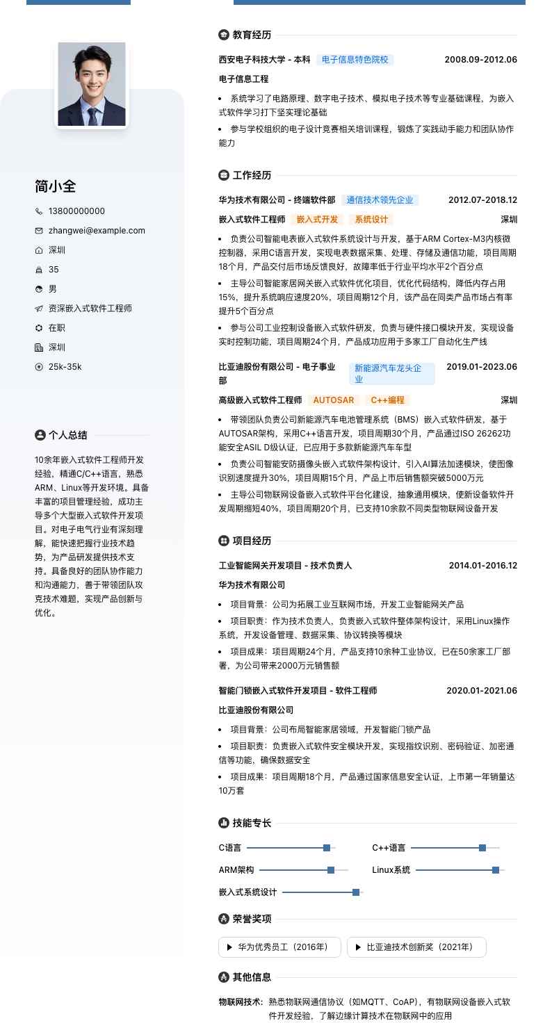 资深嵌入式软件工程师简历模板