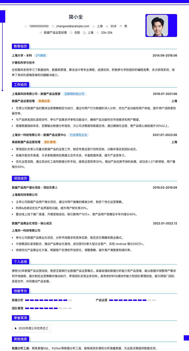 数据产品运营经理简历模板