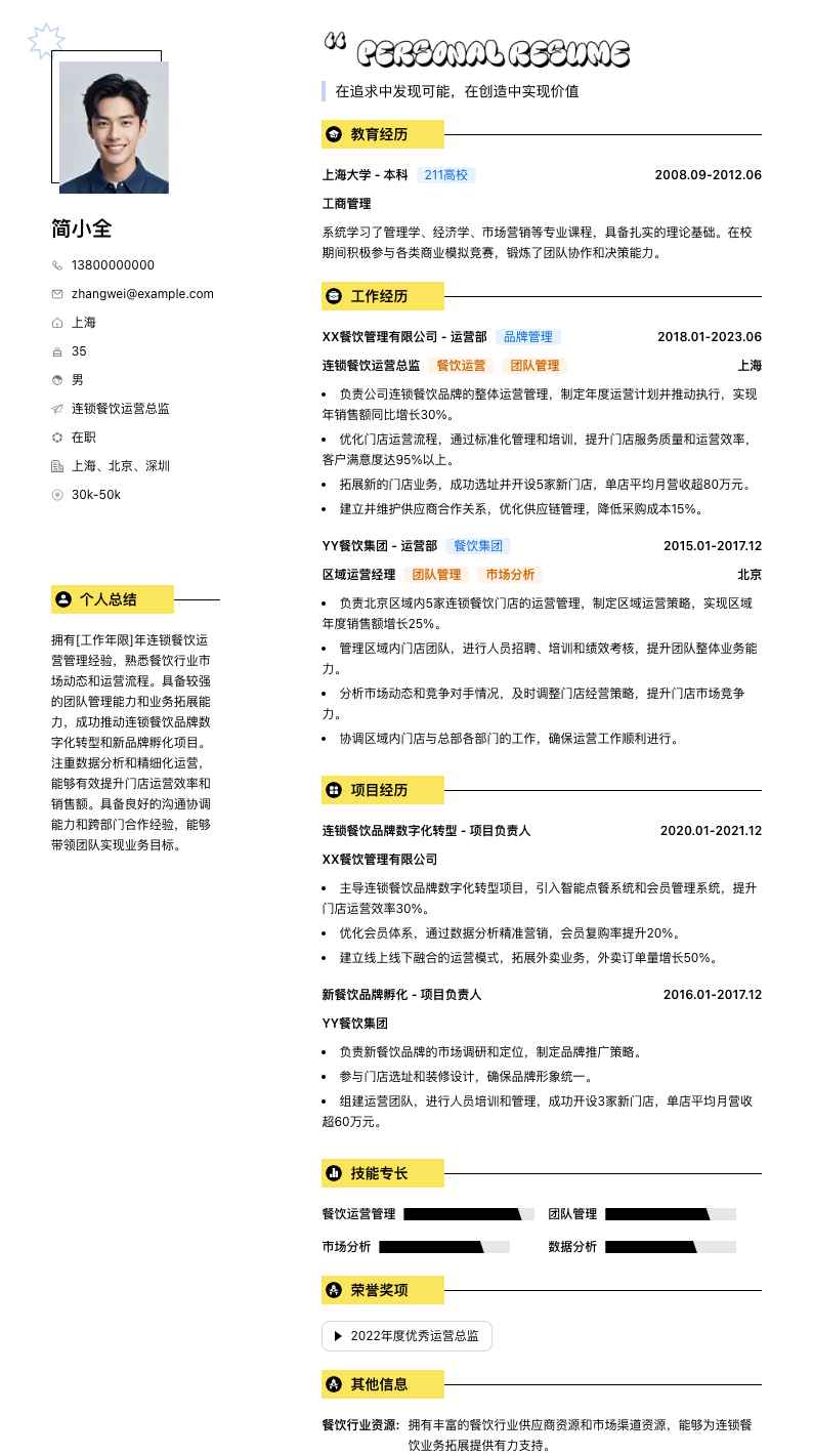 连锁餐饮运营总监简历模板