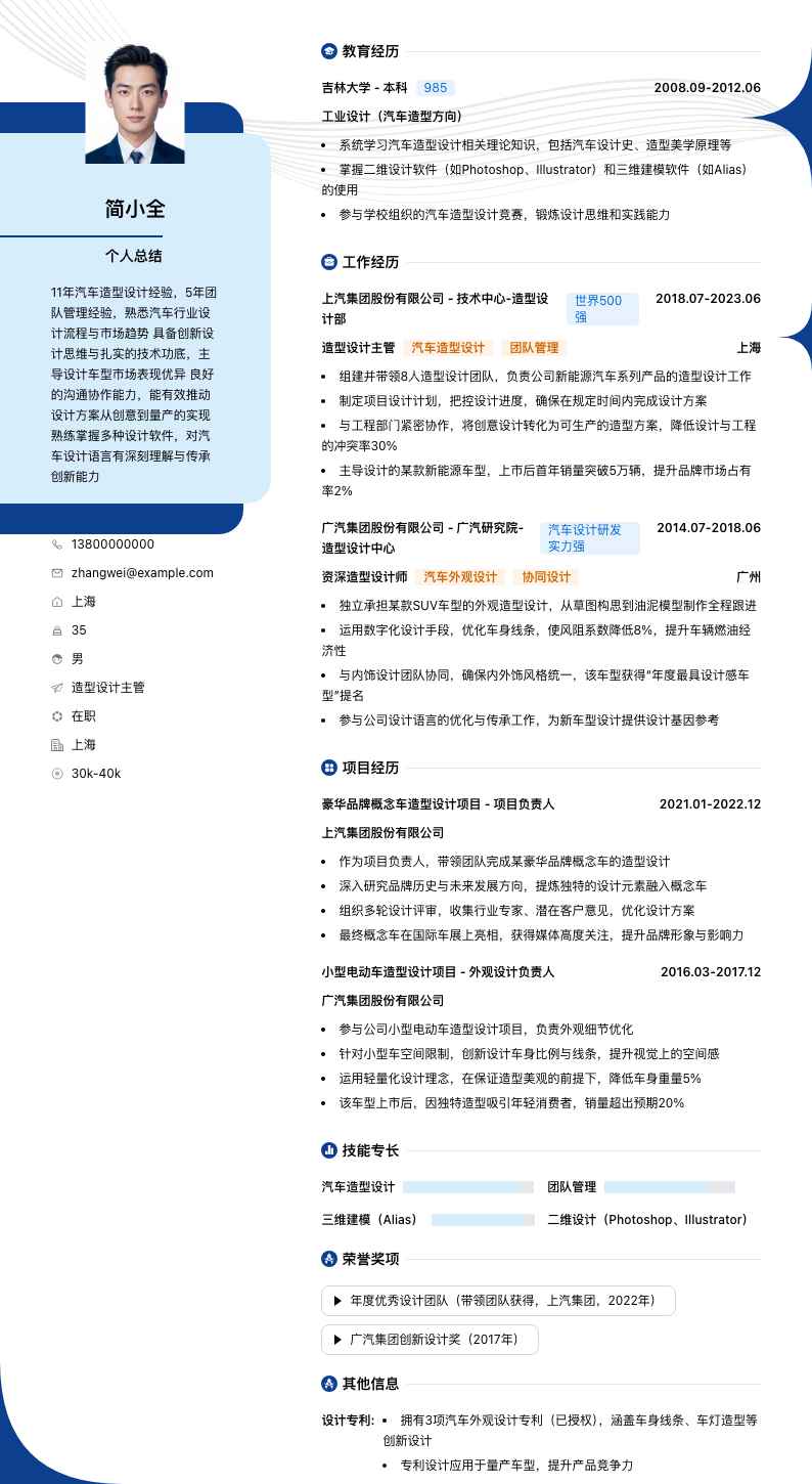 造型设计主管简历模板