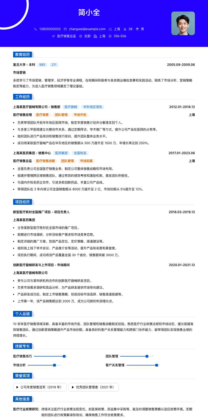 医疗销售总监简历模板