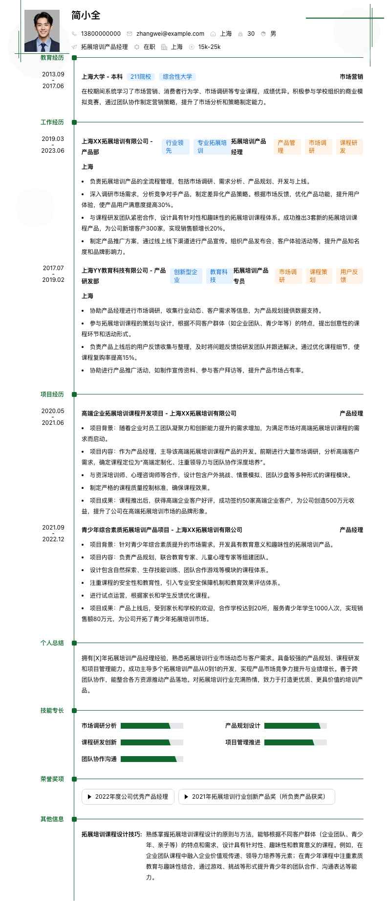 拓展培训产品经理简历模板