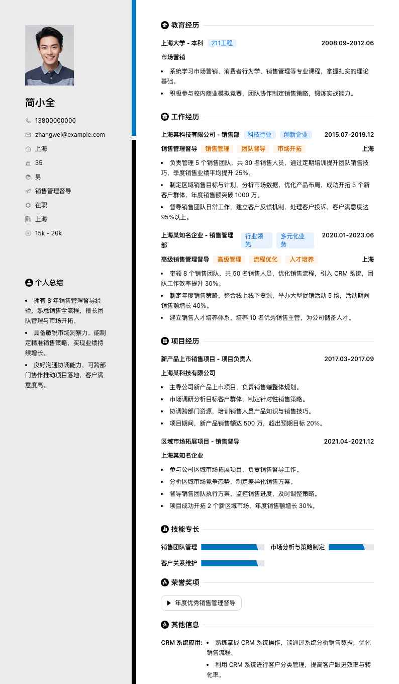 销售管理督导简历模板