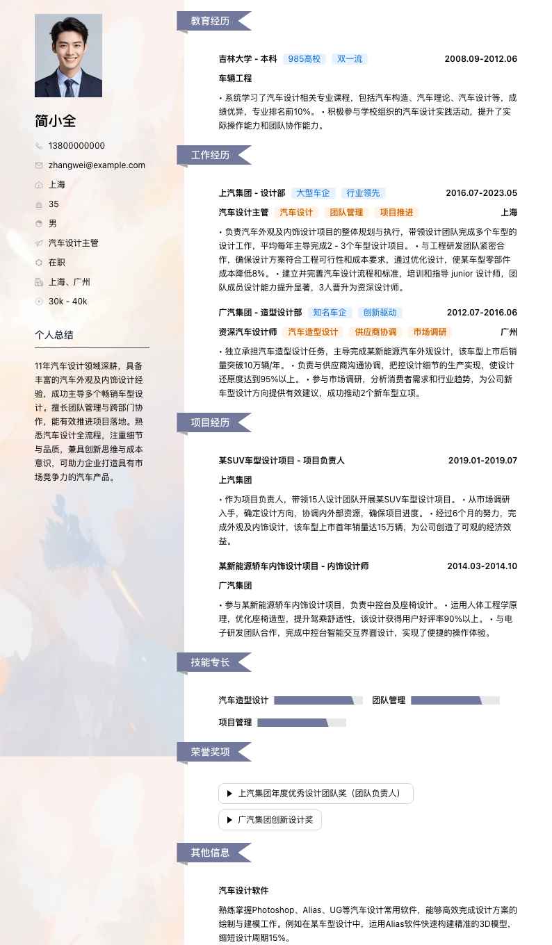 汽车设计主管简历模板