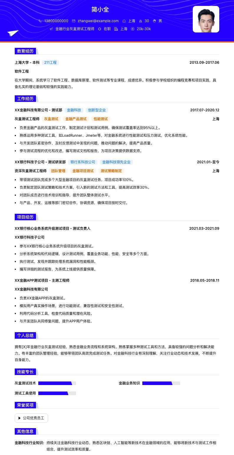 金融行业灰盒测试工程师简历模板