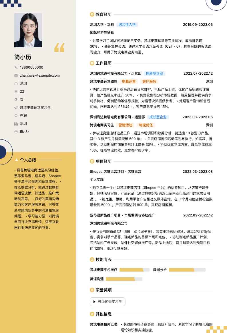 跨境电商运营实习生简历模板