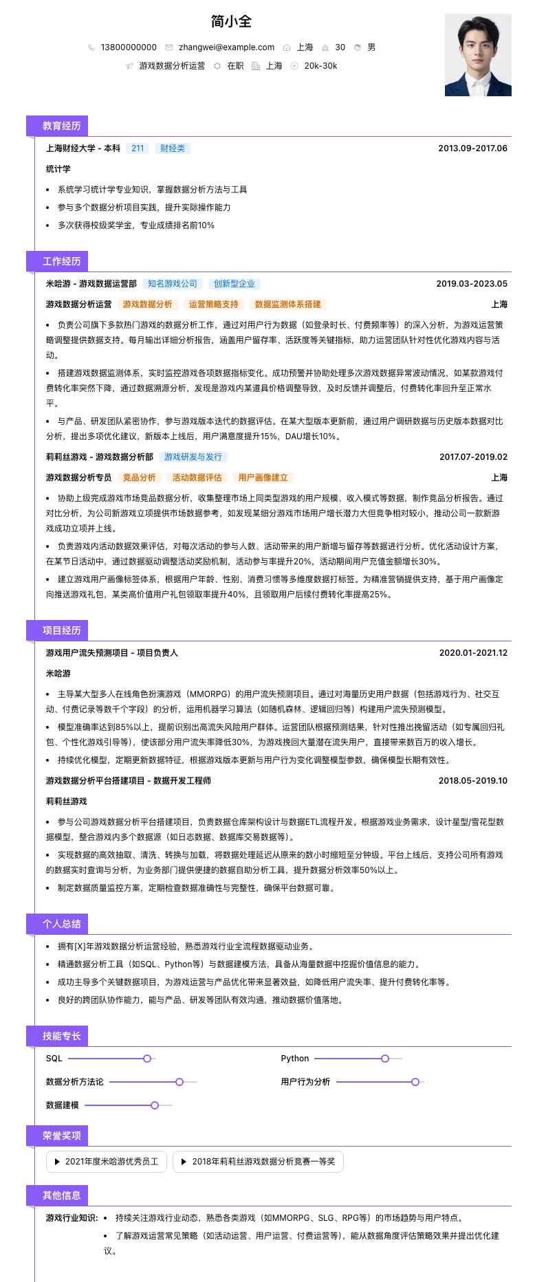 游戏数据分析运营简历模板