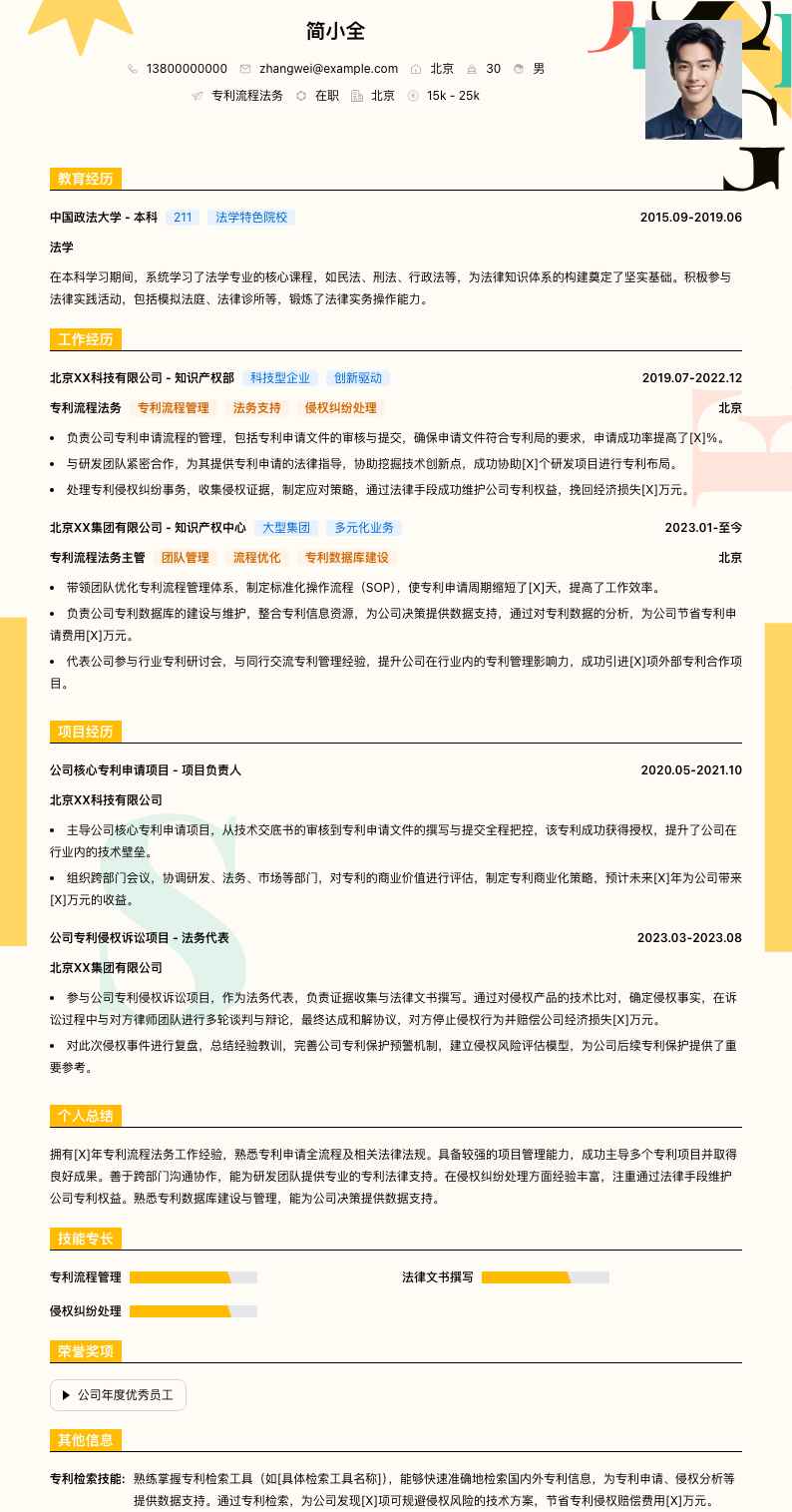 专利流程法务简历模板