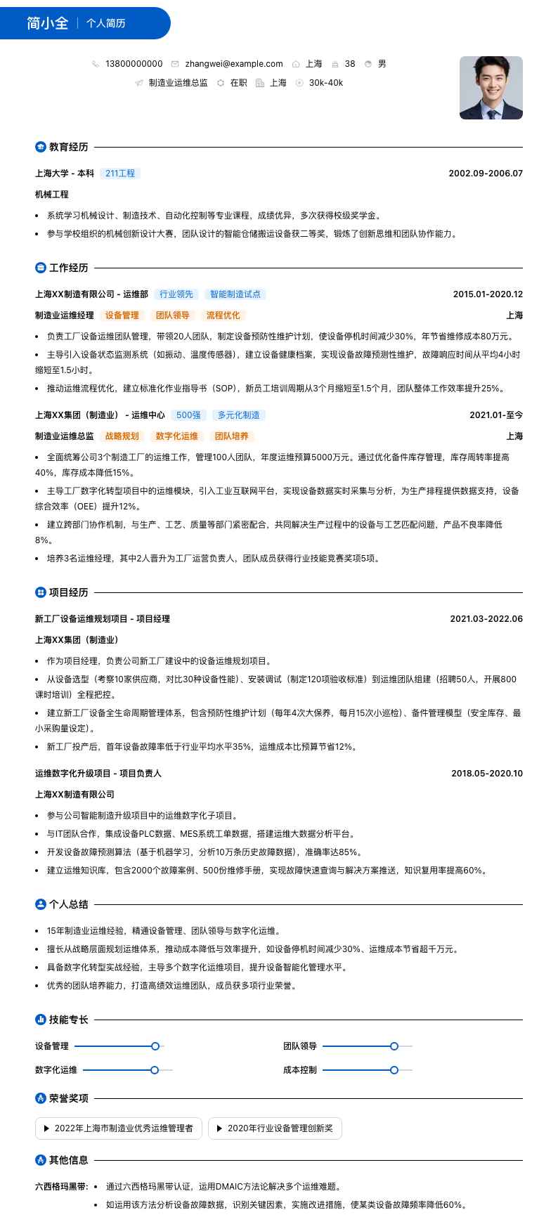 制造业运维总监简历模板