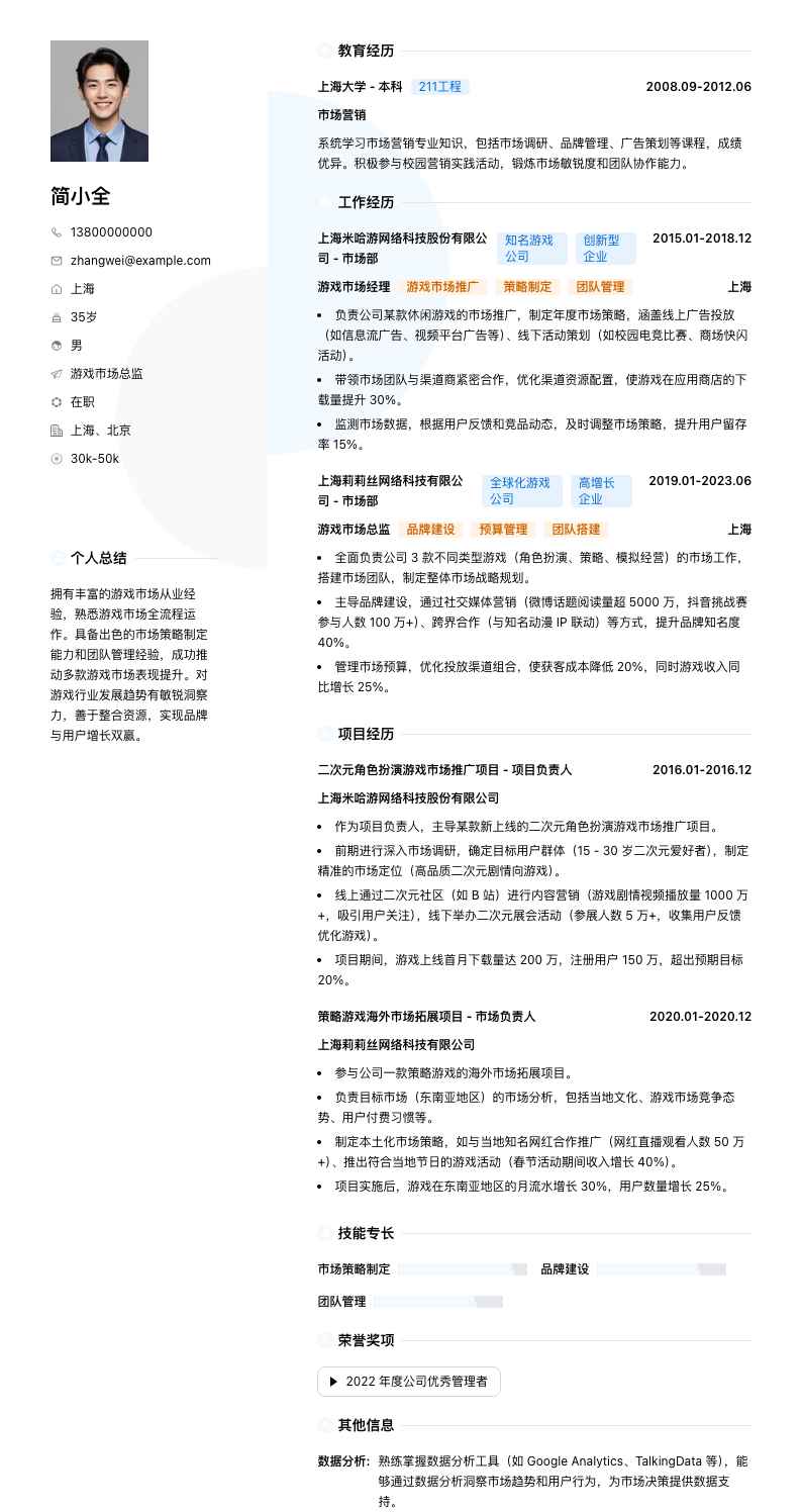 游戏市场总监简历模板