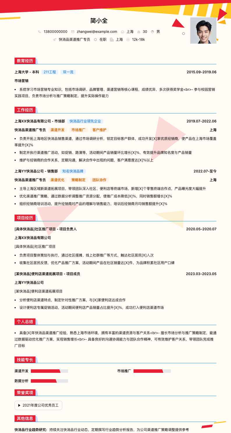 快消品渠道推广专员简历模板