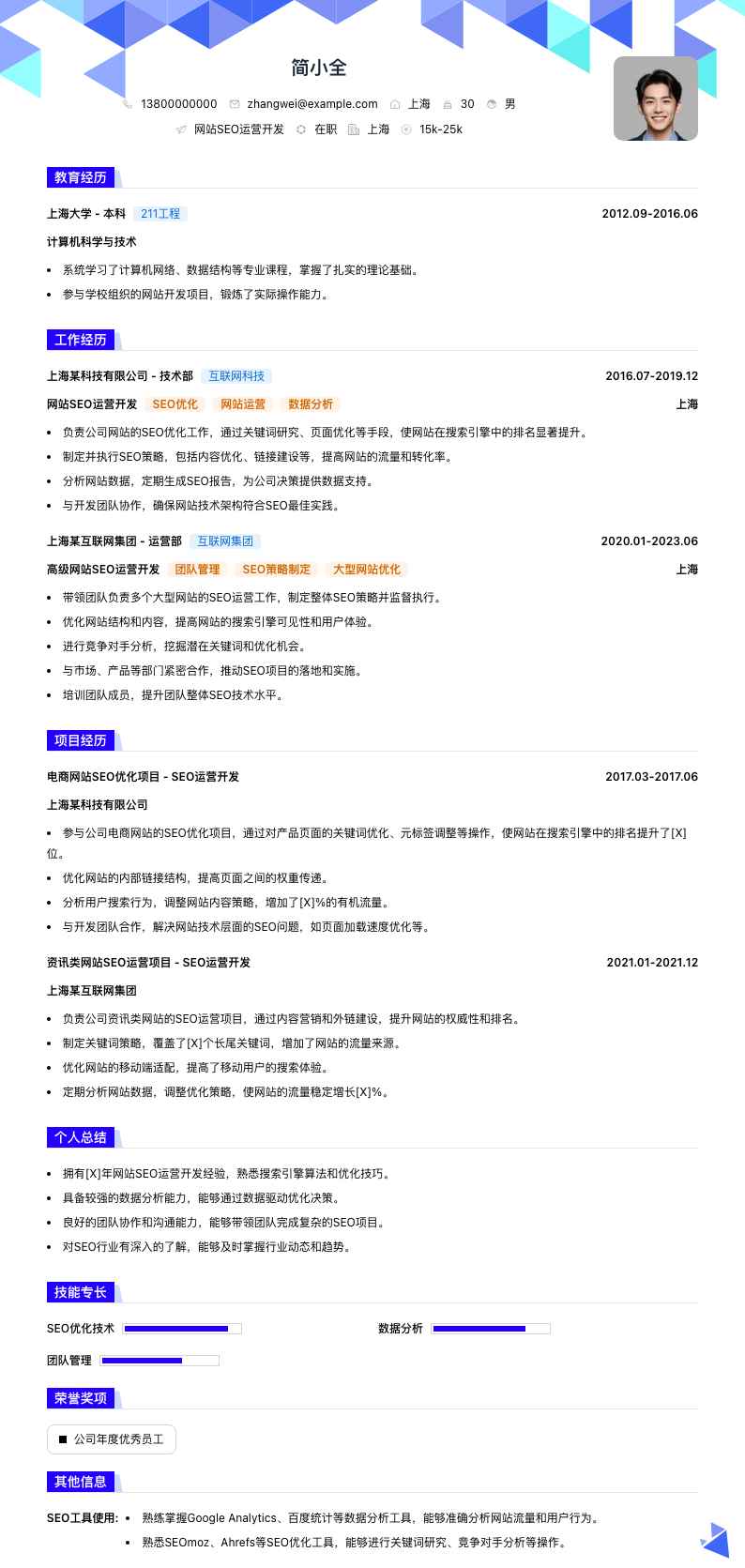 网站SEO运营简历模板