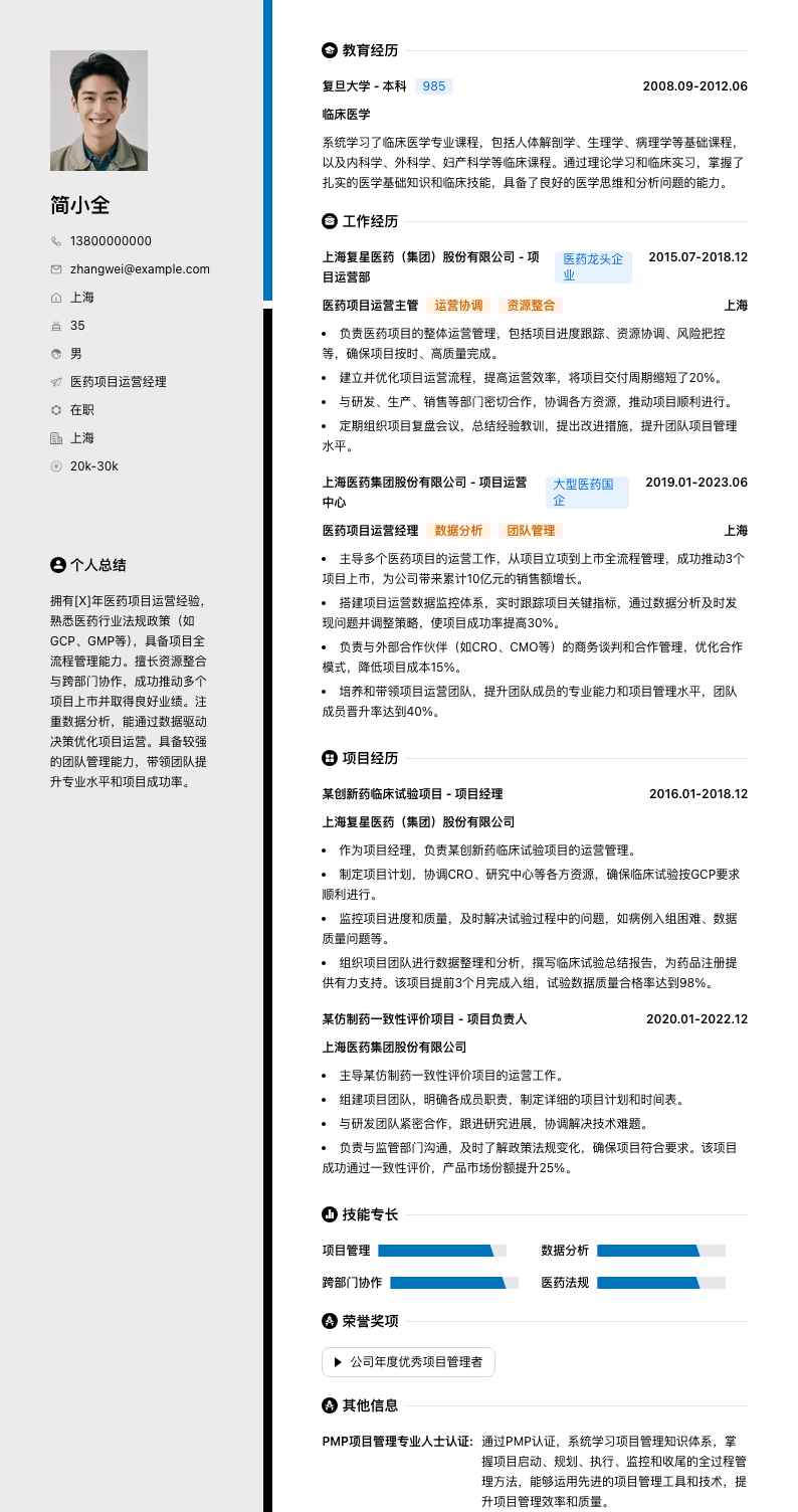 医药项目运营经理简历模板