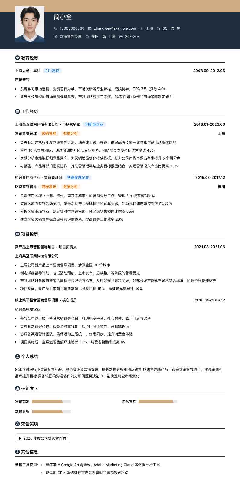 营销督导经理简历模板