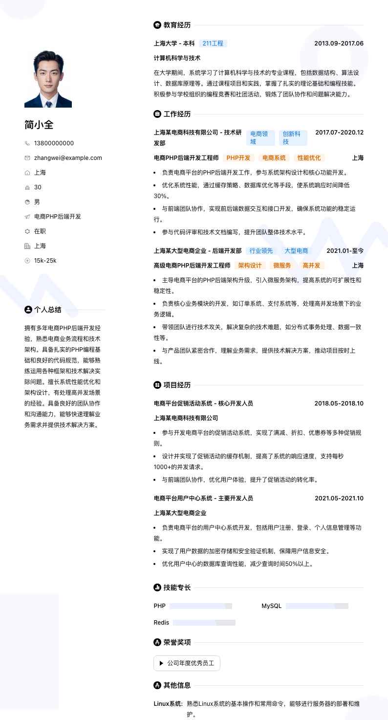 电商PHP后端开发简历模板