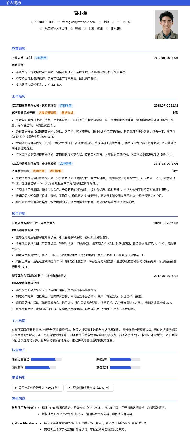 巡店督导区域经理简历模板